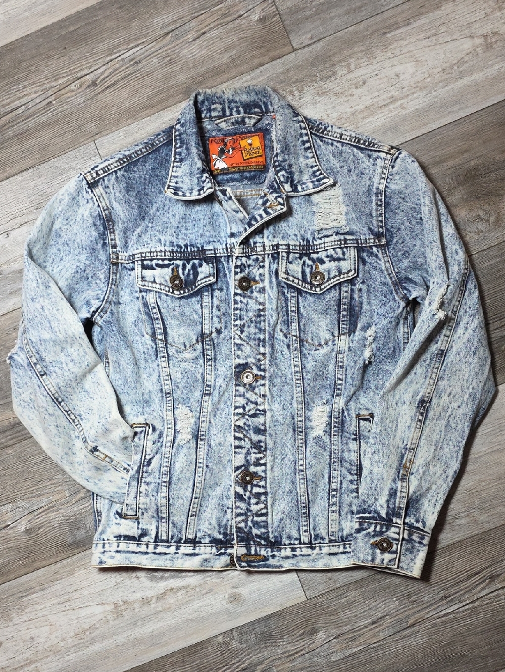 Rolling Paper | Acid Wash Destressed Denim Trucker Jacket Sz Sm